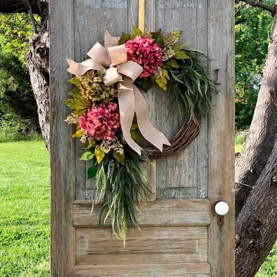 China Fashionable HB-042 15 inch Artificial Burlap Spring Wreath For Front Door Summer Farmhouse Rattan Wreath for sale