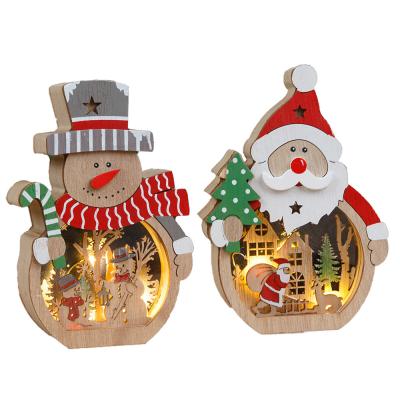 China Fashionable HU-212 Lit Wooden Christmas Santa Claus Hanging Decoration For Hotel Window Decoration Christmas Gifts for sale