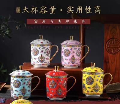 China 8 Viable Ceramic Auspicious Mugs and Cups for Tibet Buddhism with Decal Modeled after an Antique for sale