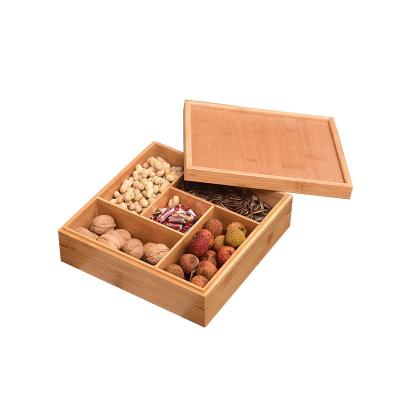 China Home Weddings Bamboo Hotel Restaurant Candy Serving Container Appetizer and Nut Tray with Lid 4 Compartment Food Storage Organizer for sale