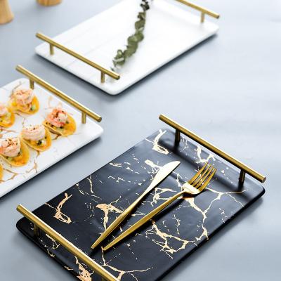 China Wholesale Home Gold Nordic Luxury Colorful Storage Tray Porcelain Weddings Restaurant Hotel Decorative Ceramic Serving Tray With Handles for sale