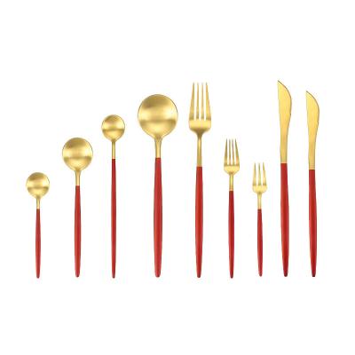 China Viable Metal 304 4pcs Red Gold Spoon Fork Knife For Salad Steak Fruit Flatware Set Cutlery Silverware Butter Knife for sale