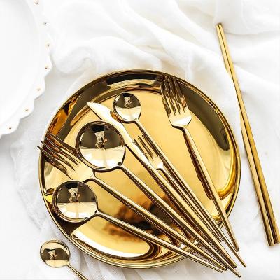 China Disposable 304 Stainless Steel Dinnerware Gold Portugese Cutlery Titanize 420 Spoon Mirror Polish Fork Knives And Flatware For Event Party for sale