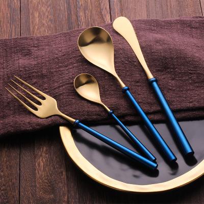 China Wedding 4 pcs stainless steel cristofle cuttlery luxury matte gold disposable silverware blue handle fork and spoon flatware flatware cutlery set for sale