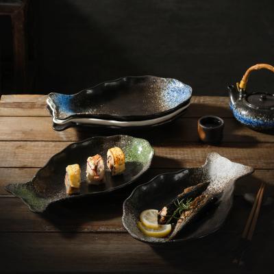 China Sustainable Japanese Ceramic Style Household Fish Dish Blue And Green Luster Leaf Shaped Sushi Dish for sale