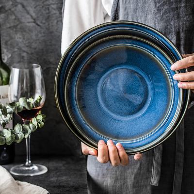 China Nice Viable Wholesale High Quality Color Gloss Spraying Ceramic Dinnerware Sets Blue Stoneware Dinner Plate for sale