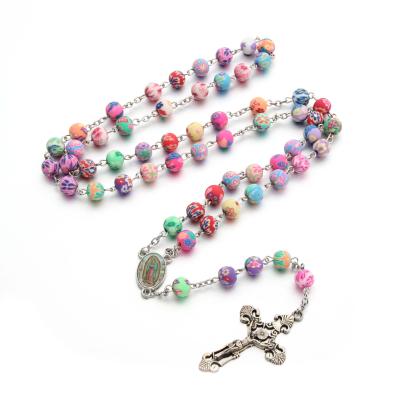 China TOP BOHEMIA Women Cross Rosary Necklace Pendant Selling Soft Ceramic Beads Rosaries Necklace Religious Jewelry for sale