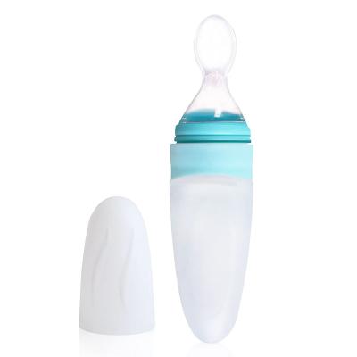 China 2021 BPA Free Silicone Squeeze Cartoon Feeder Baby Food Feeding Bottle With Dispenser Spoon For Babies for sale