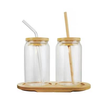 China Modern Custom Glass Tea Coffee Mug Soda Beer Can Shaped 16oz Mug Glass Cups With Bamboo Lid And Straw for sale