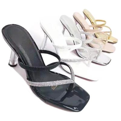 China Stylish Sexy Heeled Shiny Sandal Heels Ladies Square Main Slip-On High Heel Sandal Shoes Latest Light Fashion for sale