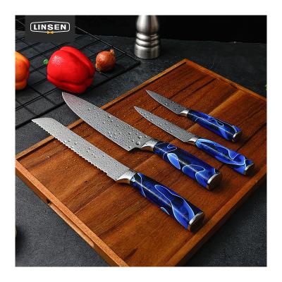 China Stocked 4 Pcs High Carbon Damascus Stainless Steel Kitchen Knives Sets Chef Cooking Steak Cheese Knife Multifunction Blue Resin Handle for sale