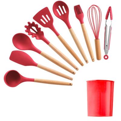 China Stocked 10 Pieces In 1Set Silicone Kitchen Accessories Set Cooking Tools Handle Kitchenware Wooden Silicone Utensil Sets for sale