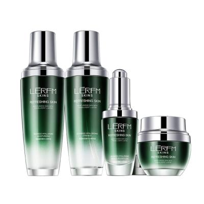 China Color Cosmetic Luxury Cosmetics Glass Bottle Set Round Cosmetic Bottles And Jars Set Lotion Packaging Bottle Glass Green Set for sale