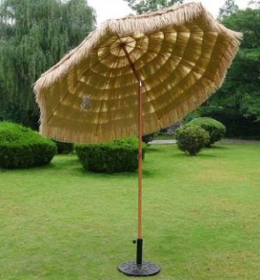 China Modern Professional Hawaiian Stripe Portable Wooden Patio Umbrella Thatched Beach Garden Outdoor Umbrella for sale