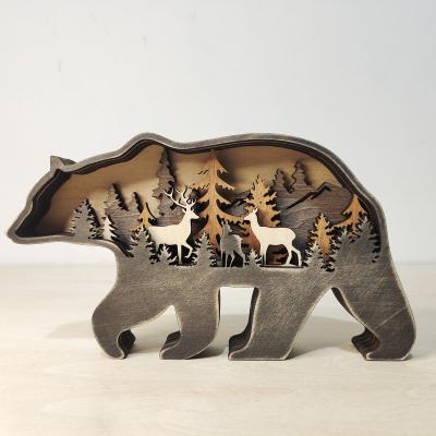 China European Bear Cartoon Mini Animal Wooden Animal LED Pattern Home Table Top Natural Wood Table Wooden Animal Ornament for sale