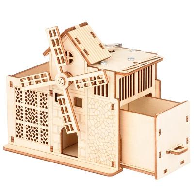 China New Safety Design DIY Kids Wooden Pen Holder Windmill Music Box Puzzle Toys for sale