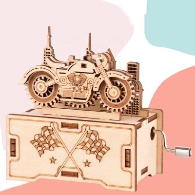 China Musical Box Safety Crank Operated Mechanical Motorcycle DIY Toy Wooden Puzzles Custom for sale