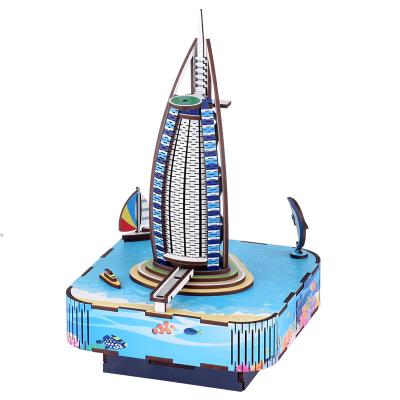 China DIY Wooden Craft Assembly Burj Al Arab Sailing Hotel 3D Music Boxes Puzzle Christmas Gift For Girls for sale