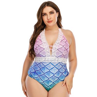 China Breathable Sexy Plus Size One Piece Swimsuit For Women Plus Size Lace Trim Halter Ladies Backless Swimwear Bathing Suit for sale