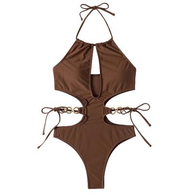 China Breathable Sexy Halter Cut Out Metal Rings One Piece Swimsuit Women Swimwear Female Monokini Padded Bather Bathing Suit Swim Lady for sale