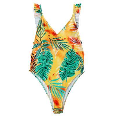 China Breathable Leaf Printed Ruffled Frilled Backless One Piece Swimsuit Women Swimwear Female High Cut Padded Bather Bathing Suit for sale