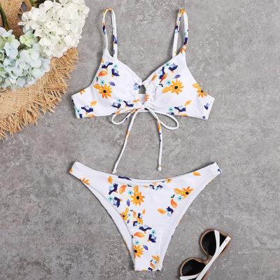 China Breathable Floral Print Lace Up Bikini Sets Sexy Low Waisted Swimsuit Women Two Piece Swimwear for sale