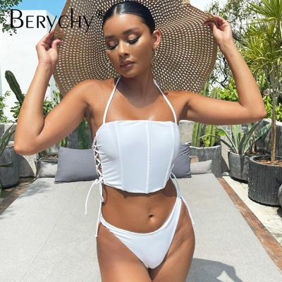 China Breathable Halter Women High Waist Bikini Sexy Bikini Swimsuit 2022 Low Set Solid Brazilian Female Lace Up Swimwear for sale