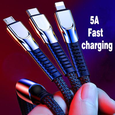 China Compatible with Phone Miscellaneous Multiple 3 in 1 Type 3in1 Multi C Usb Charger Multi Function Fast Charging Nylon Braided Zinc Alloy Cable for Phone for sale