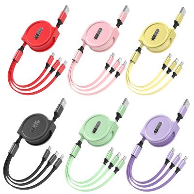 China 3-in-1 charging cable Macaron three in one data cable 3a mobile phone fast charging retractable cable colorful for sale