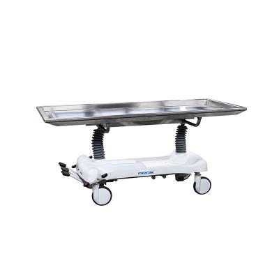 China Traditional Manual Hydraulic Height Adjustable Stretcher Mortuary Trolley with 304 Stainless Steel Body Tray for Mortuary Use for sale