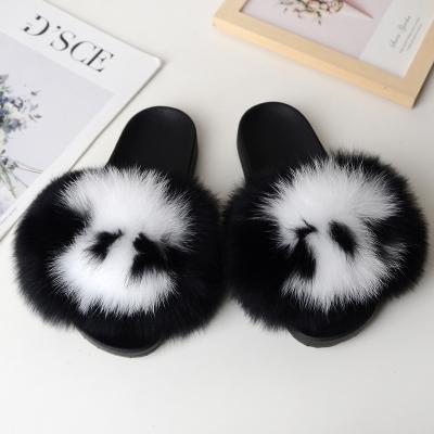 China Wholesale fashion trend real fox fur natural slippers, big fur fluffy slides, women fur sandals slippers for sale