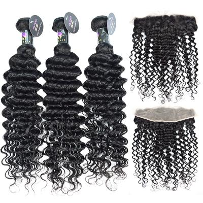 China 100% Virgin Human Hair Raw Unprocessed Indian Hair Vendor 10a Deep Wave Bundles With Lace Frontal Bundles for sale