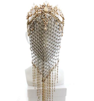 China Bespoke ceramic crystal-embellished crystal mesh crown and veil in shades of crystal, rose gold, silk and beige. Gold plated as worn by for sale