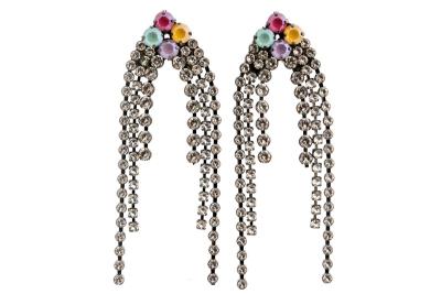 China Custom Vintage Yellow Tone Crystal Embellished Gunmetal Plated Women's TRENDY Ethnic Earrings, Undamaged, Purple and Pink for sale