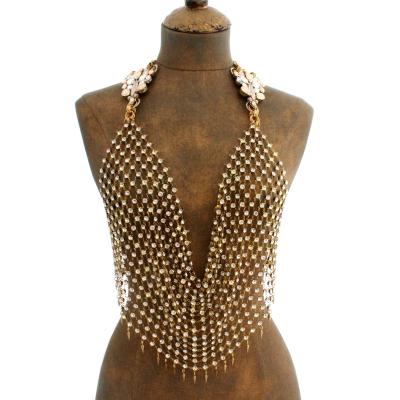 China Crystal Bespoke crystal-embellished mesh halterneck top in a fashionable champagne hue. The gold-plated mesh top is adjustable with a chain c for sale