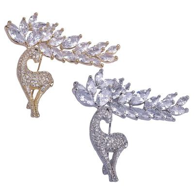 China Fashion silver sika deer animal copper gold plated zircon pin brooch accessories for sale