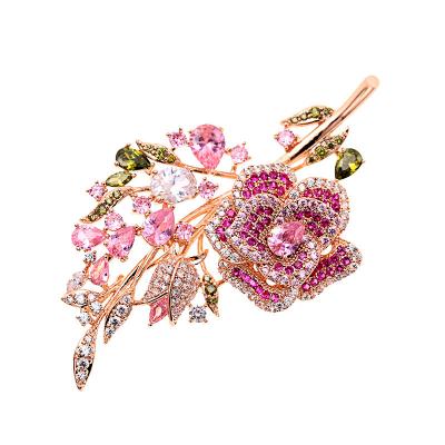 China Hot Selling Copper Pink Zircon Rose Branch Women Brooch Woman Accessories for sale