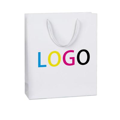 China Recyclable Low Price Thick Cardboard Bronzing Logo Kraft Paper White Paper Bag Handle Paper Bag for sale