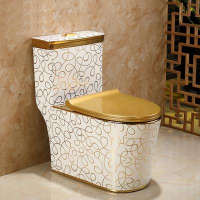 China WC European Toilet Bowl Gold Color Double-flow Hotel Bathroom Ceramic Luxury White Gold Toilet for sale