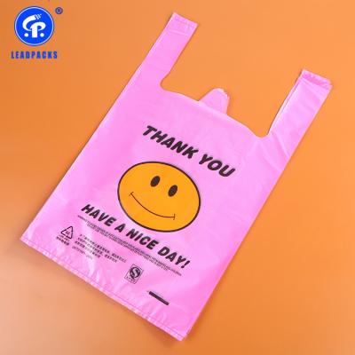 China BIODEGRADABLE Custom Smiley Face and Thank You Poly Packet T-Shirt Biodegradable Bag for sale