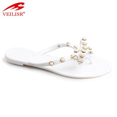 China Flat Pantuflas Ladies Beaded Flat PVC Slippers Women Flip Flops for sale