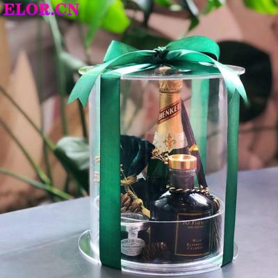 China Beautiful Colorful Acrylic Round Gift Box With Colorful Wine Storage Box Ribbon Transparent Gift Box For Birthday Party for sale