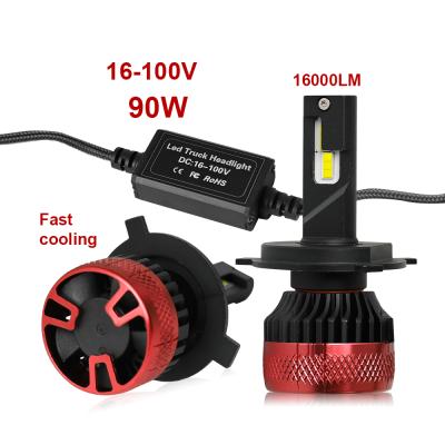 China High Power 90W 24V Diecast Aluminum Housing Led Heavy Truck Park Bulb , 16000lm Fan Cooling Canbus R11 H3 H1 H7 H4 Led Car Led Headlights for sale