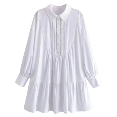 China 2022 New Women's Anti-pilling Solid Color Lapel Sleeve Long Small Pleated Casual Loose Mini Dress for sale