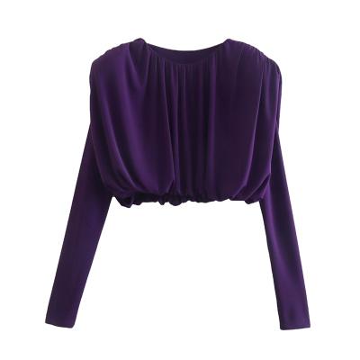 China Women's Anti Pilling Anti Pilling Shirts Full O Neck Satin Sexy Long Sleeve Crop Shirt for sale