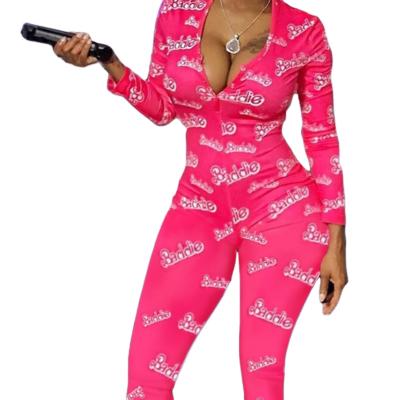 China Hot Selling Ladies Breathable Pajamas Style Womens Printed Jumpsuit V-neck Pink Bodycon Fall Sleepwear Plus Size for sale