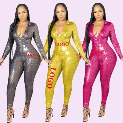 China Wholesale Famale Club Clothing Breathable Deep V Sequined Bodycon Jumpsuit Women Sequined Overalls for sale