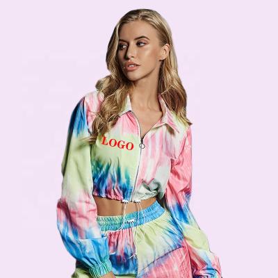 China Casual Fashion Zipper Up Short Link Jackets Dye Tunic Coat Women Long Sleeves Matrix Link Workout Colorful Autumn for sale