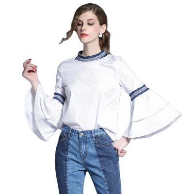 China Anti-pilling new fashion jeans O-neck ladies blouse horn sleeve women blouse tops for sale