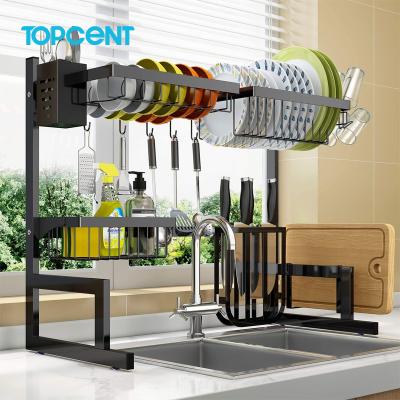 China TOPCENT Stored Over Sink Dish Drying Rack 2 Tier Stainless Steel Kitchen Dish Rack Expandable Dish Drainer Shelf Rack for sale